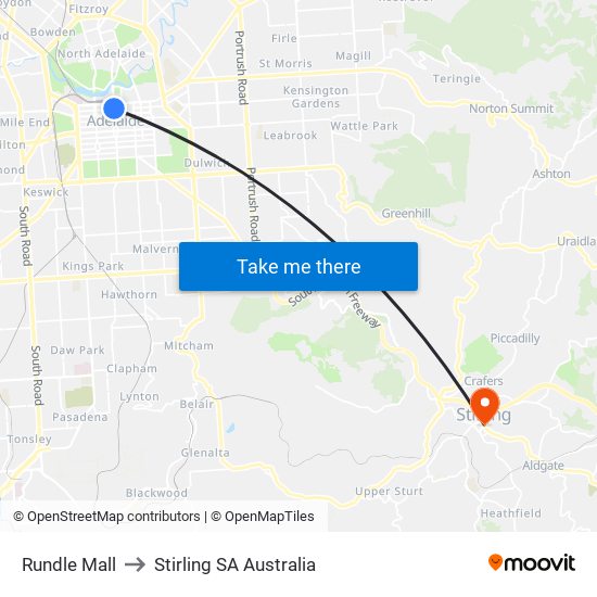 Rundle Mall to Stirling SA Australia map