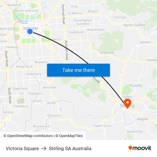 Victoria Square to Stirling SA Australia map