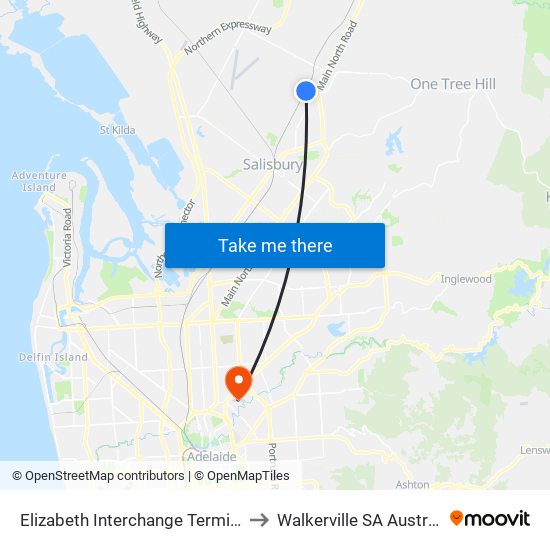 Elizabeth Interchange Terminus to Walkerville SA Australia map