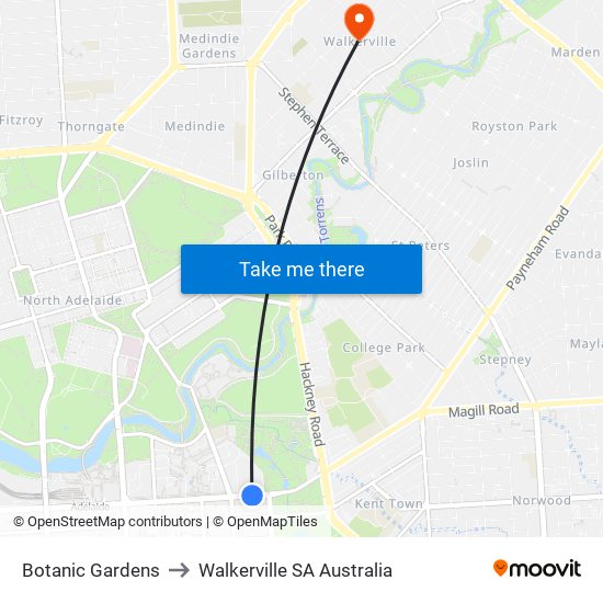 Botanic Gardens to Walkerville SA Australia map