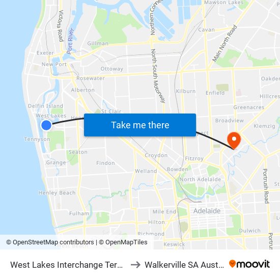 West Lakes Interchange Terminus to Walkerville SA Australia map