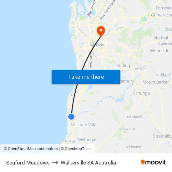 Seaford Meadows to Walkerville SA Australia map