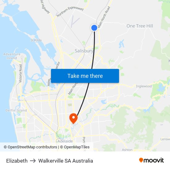 Elizabeth to Walkerville SA Australia map