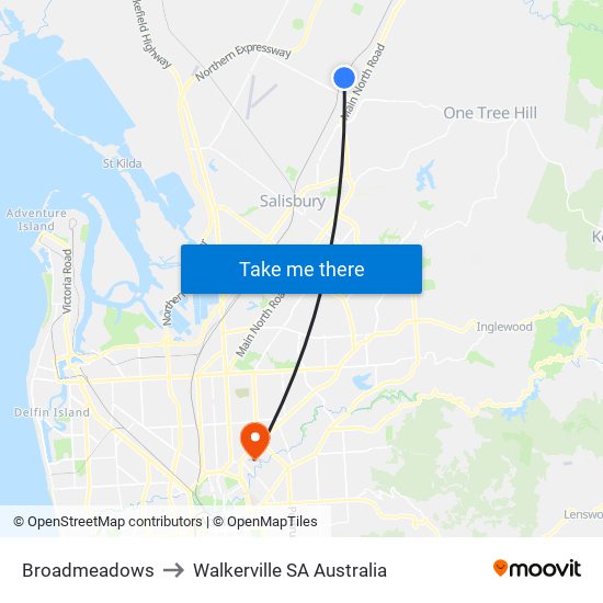 Broadmeadows to Walkerville SA Australia map