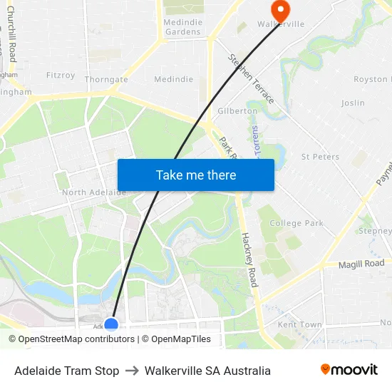 Adelaide Tram Stop to Walkerville SA Australia map