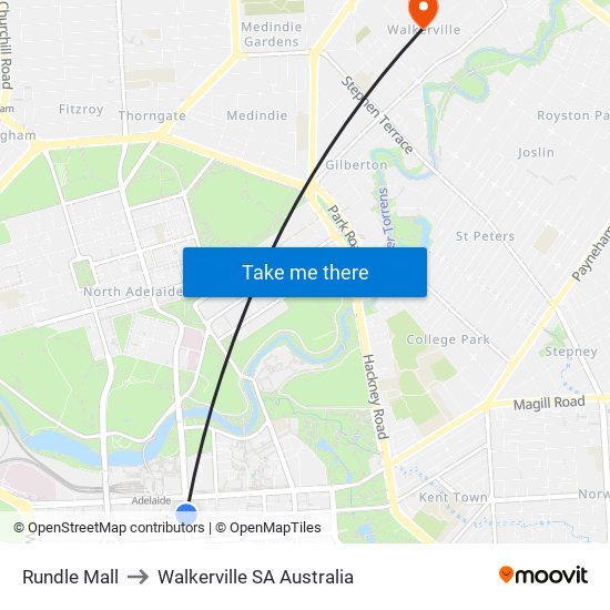 Rundle Mall to Walkerville SA Australia map