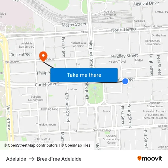 Adelaide to BreakFree Adelaide map