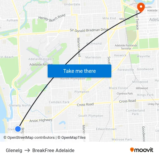 Glenelg to BreakFree Adelaide map