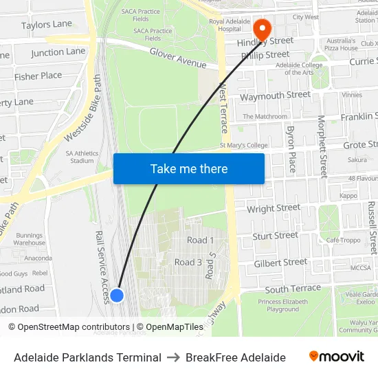 Adelaide Parklands Terminal to BreakFree Adelaide map