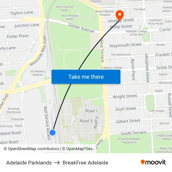 Adelaide Parklands to BreakFree Adelaide map