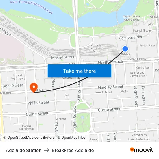 Adelaide Station to BreakFree Adelaide map
