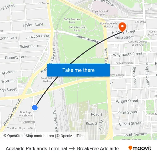 Adelaide Parklands Terminal to BreakFree Adelaide map