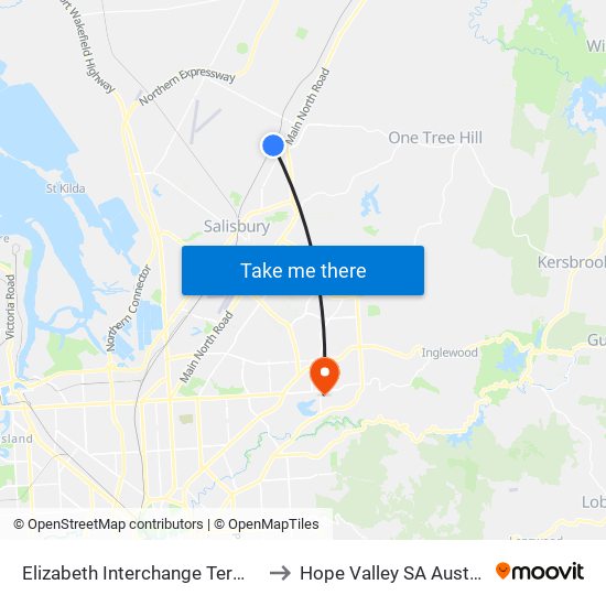 Elizabeth Interchange Terminus to Hope Valley SA Australia map