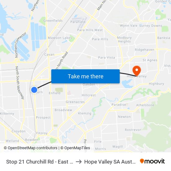 Stop 21 Churchill Rd - East side to Hope Valley SA Australia map