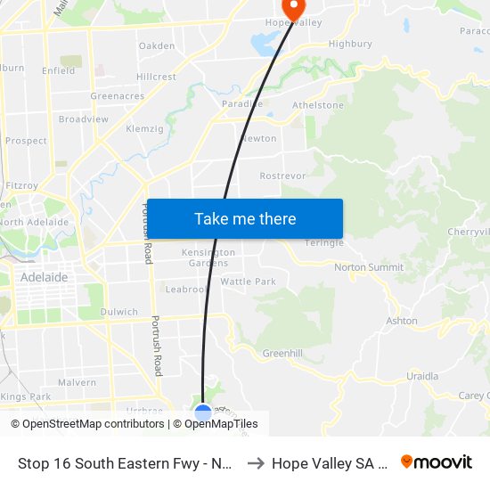 Stop 16 South Eastern Fwy - North West side to Hope Valley SA Australia map