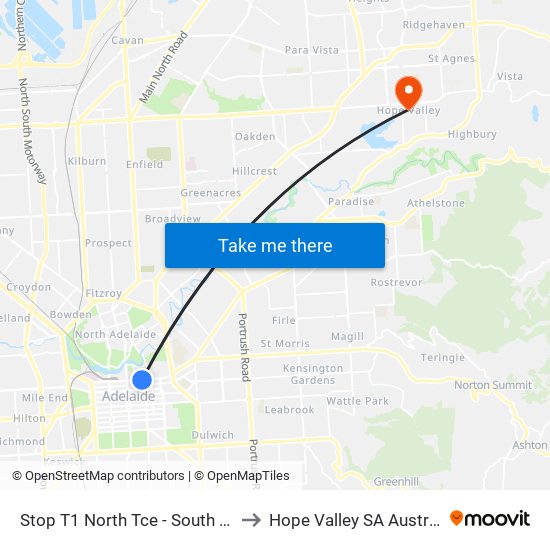 Stop T1 North Tce - South side to Hope Valley SA Australia map