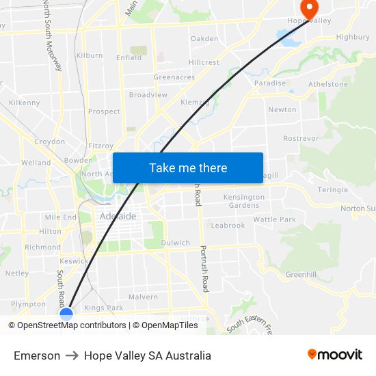Emerson to Hope Valley SA Australia map