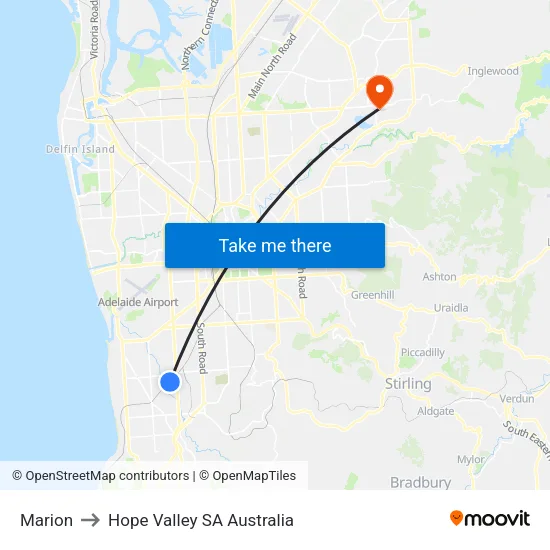 Marion to Hope Valley SA Australia map