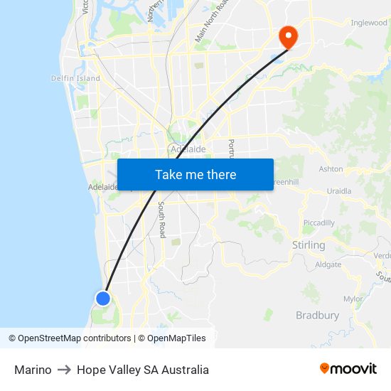 Marino to Hope Valley SA Australia map