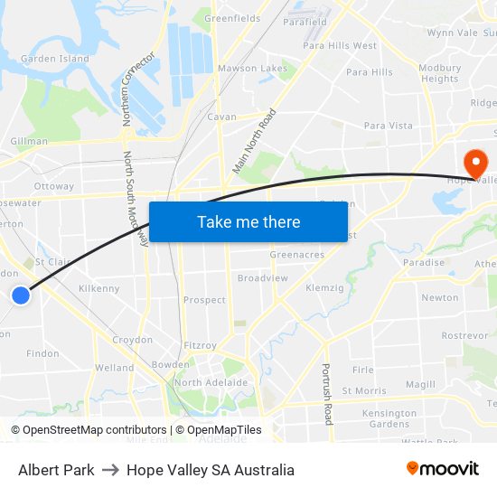 Albert Park to Hope Valley SA Australia map