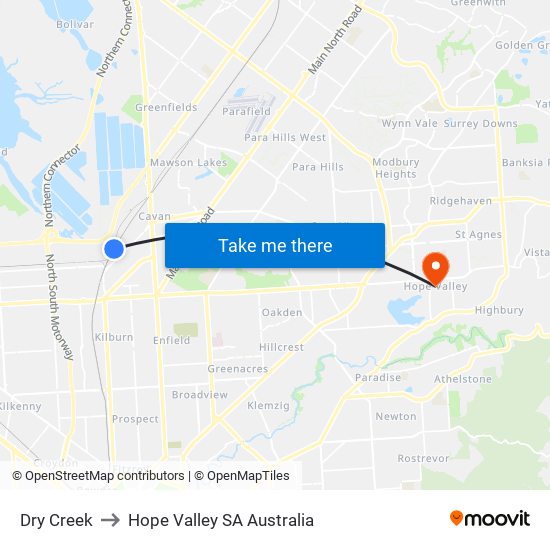 Dry Creek to Hope Valley SA Australia map