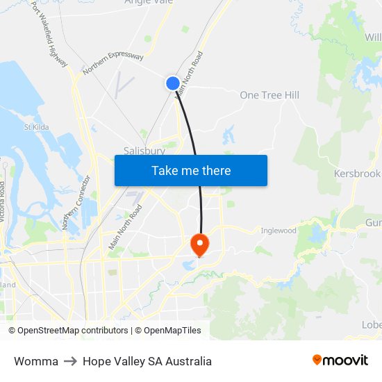 Womma to Hope Valley SA Australia map