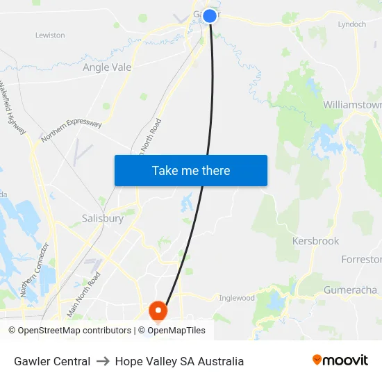 Gawler Central to Hope Valley SA Australia map