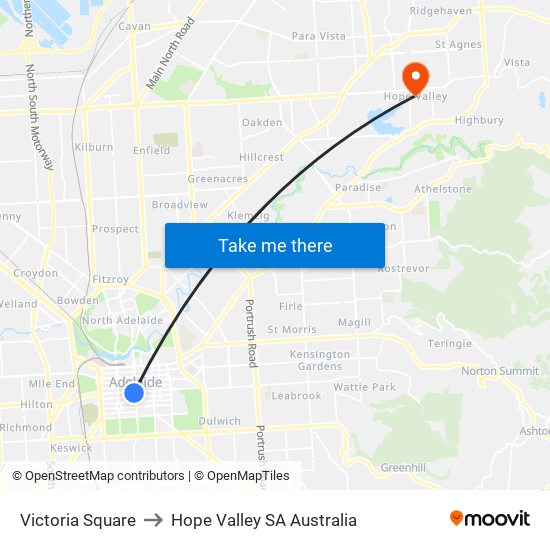 Victoria Square to Hope Valley SA Australia map