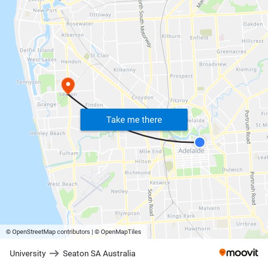 University to Seaton SA Australia map