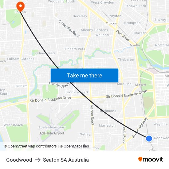 Goodwood to Seaton SA Australia map