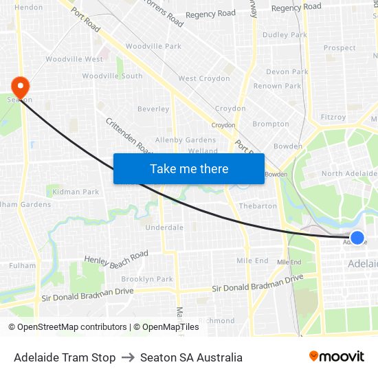 Adelaide Tram Stop to Seaton SA Australia map