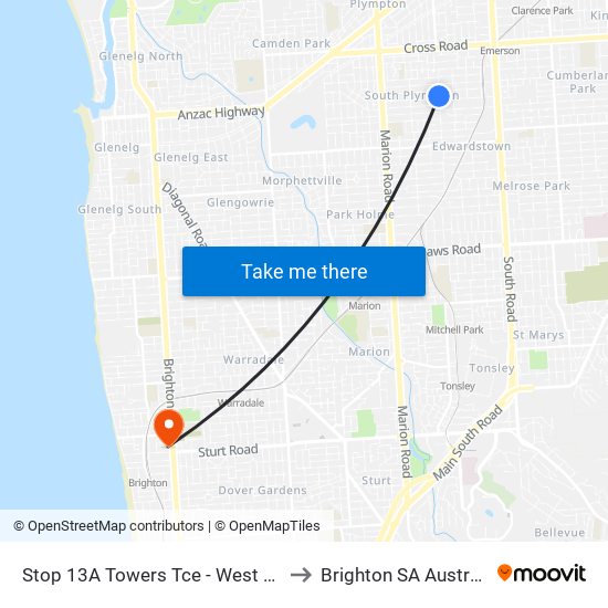 Stop 13A Towers Tce - West side to Brighton SA Australia map