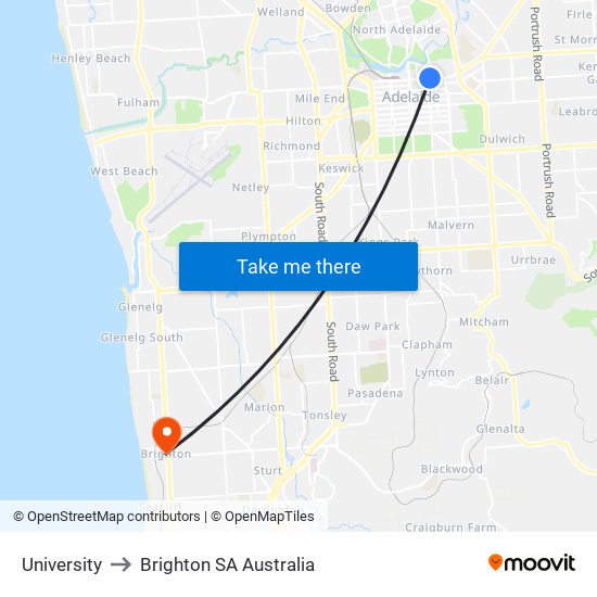 University to Brighton SA Australia map