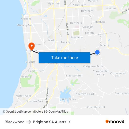 Blackwood to Brighton SA Australia map