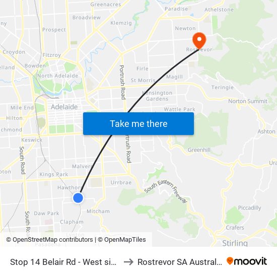 Stop 14 Belair Rd - West side to Rostrevor SA Australia map