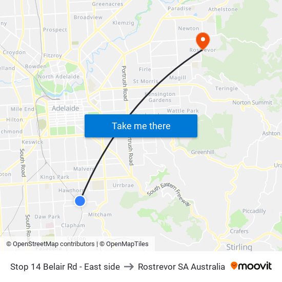 Stop 14 Belair Rd - East side to Rostrevor SA Australia map