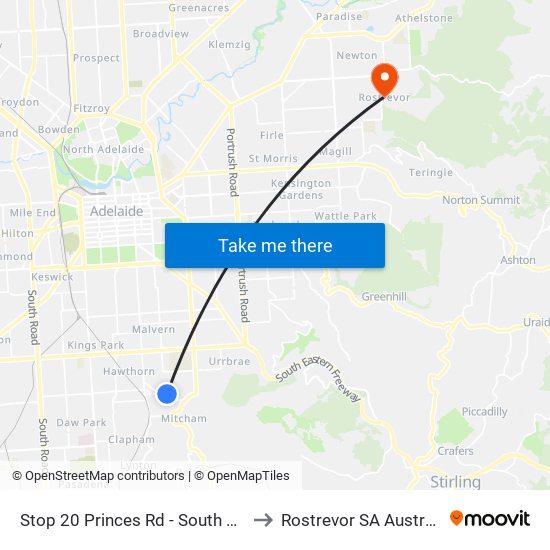 Stop 20 Princes Rd - South side to Rostrevor SA Australia map