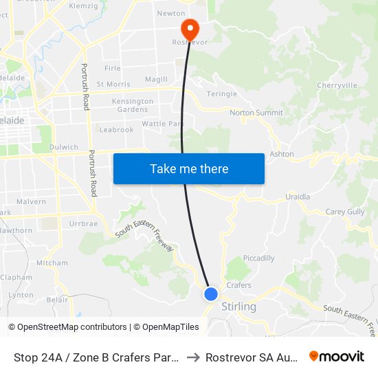 Stop 24A / Zone B Crafers Park N Ride to Rostrevor SA Australia map