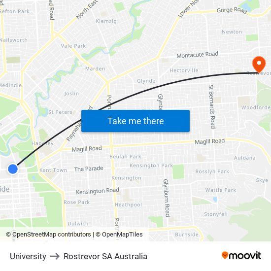 University to Rostrevor SA Australia map