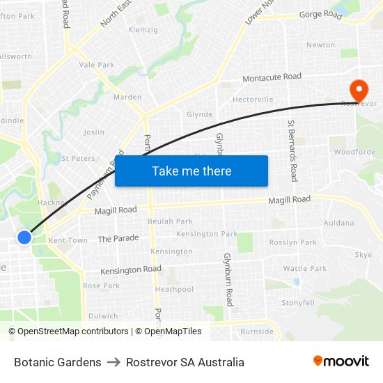 Botanic Gardens to Rostrevor SA Australia map