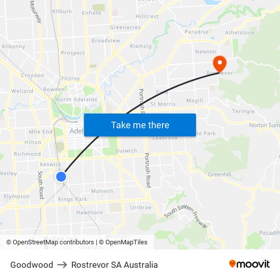 Goodwood to Rostrevor SA Australia map