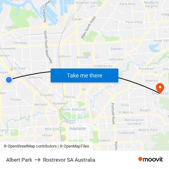 Albert Park to Rostrevor SA Australia map