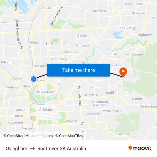 Ovingham to Rostrevor SA Australia map