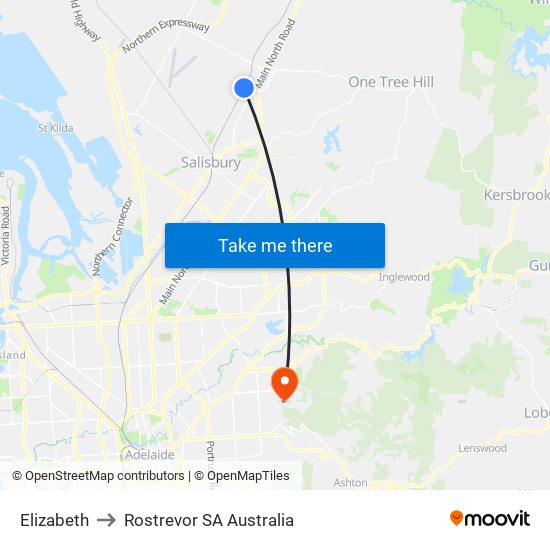 Elizabeth to Rostrevor SA Australia map