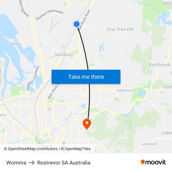 Womma to Rostrevor SA Australia map