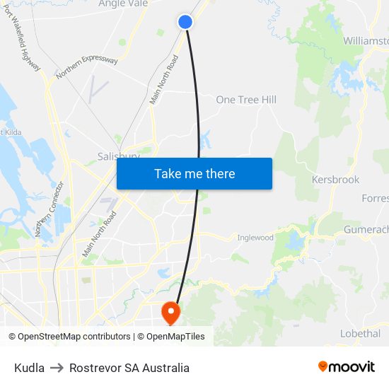 Kudla to Rostrevor SA Australia map