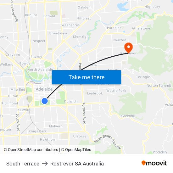 South Terrace to Rostrevor SA Australia map