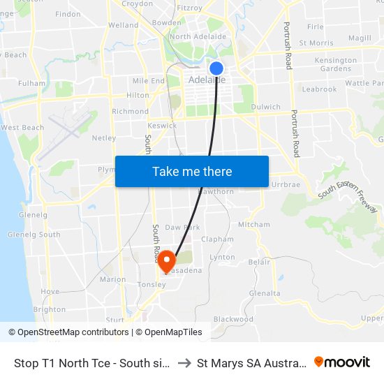 Stop T1 North Tce - South side to St Marys SA Australia map