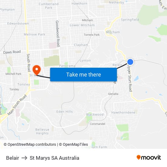 Belair to St Marys SA Australia map