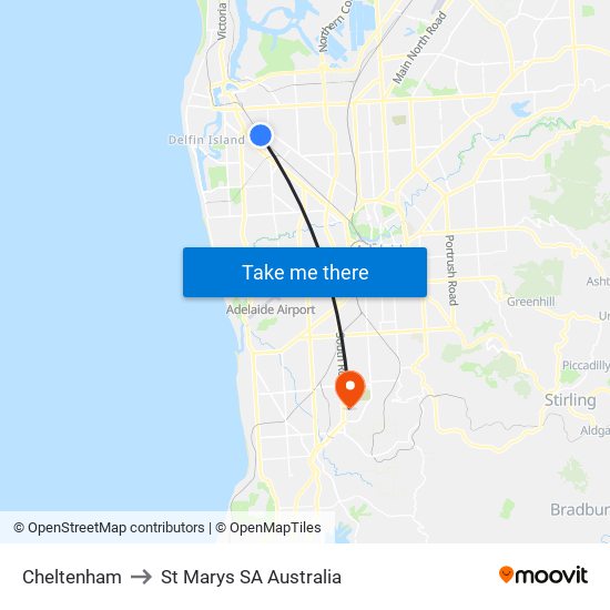 Cheltenham to St Marys SA Australia map